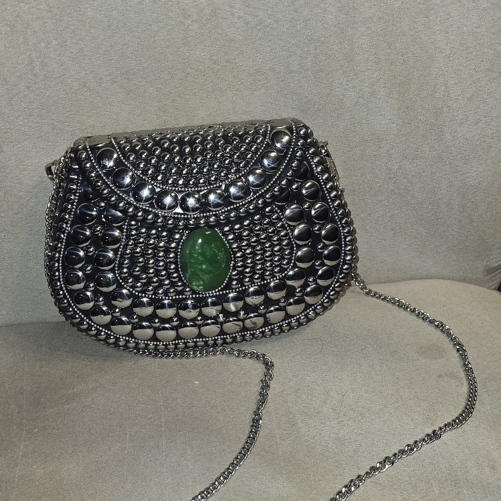 NWOT Studded Black Evening Clutch with Green Stone Accent